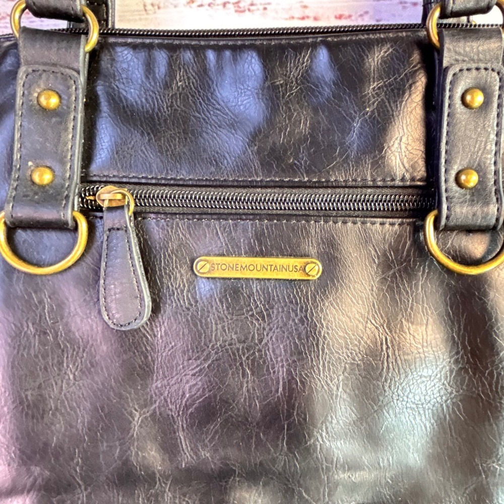 Classic Minimalist Tote Bag‎ Stone Mountain USA Large Black Faux Leather - Picture 3 of 15